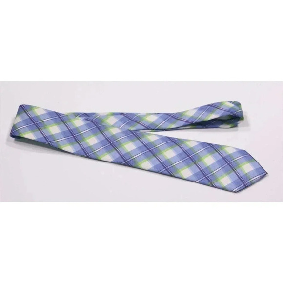 Phineas Cole Light Blue/Lime Green Plaid Check 100% Cotton Slim Necktie Tie - Picture 2 of 6